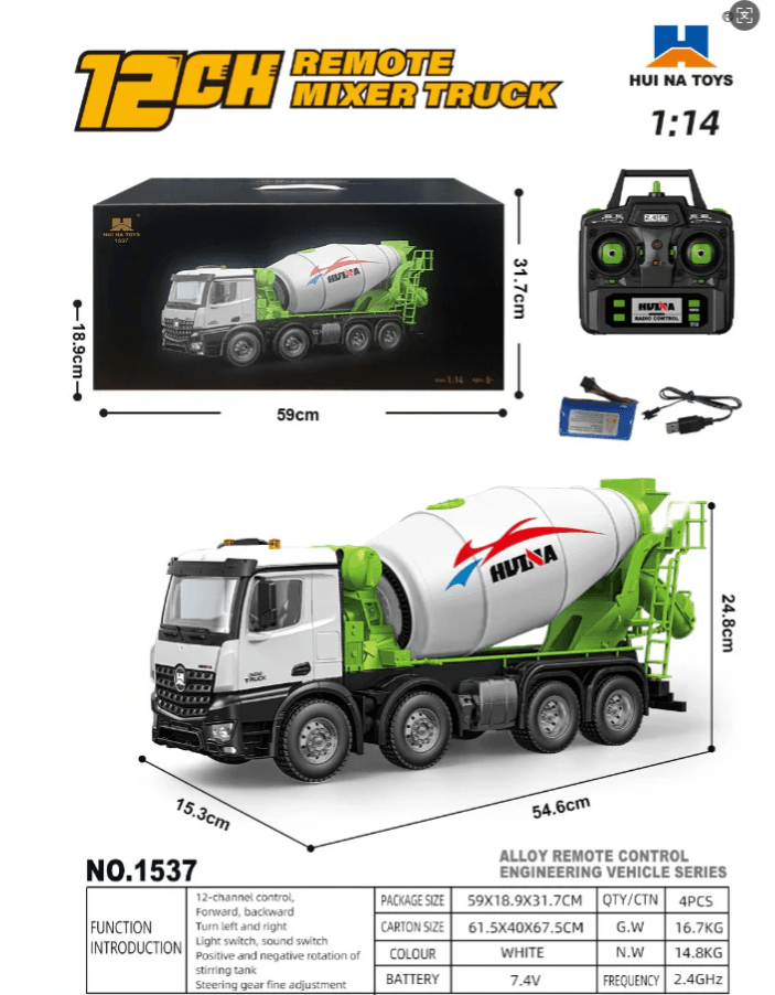 Huina 1537 PRO 1:14 Alloy RC Cement Mixer Truck Large 8-Wheel Heavy Construction Transport Vehicle 1