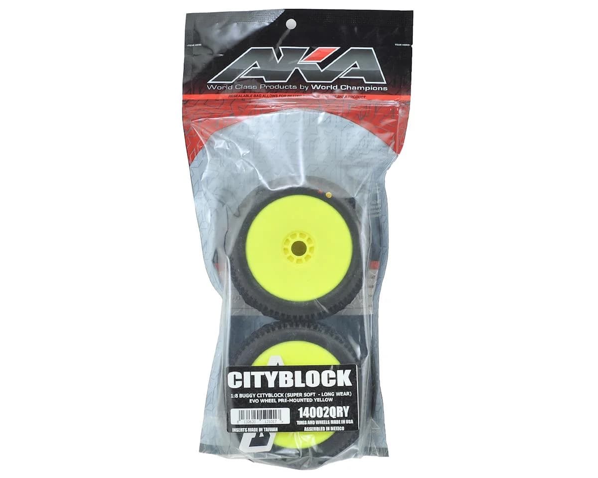 AKA Cityblock 1/8 Buggy Pre-Mounted Tires (2) (Yellow) (Super Soft - Long Wear) 0
