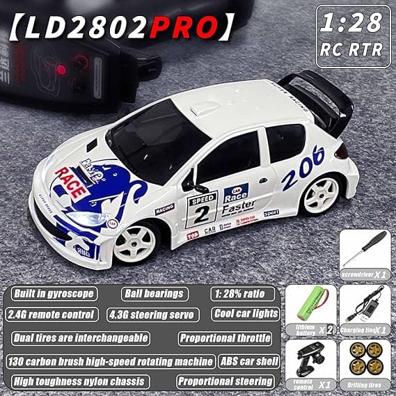 LDRC 2802PRO 1/28 Mini RC Drift Car GTR 2.4GHz 4WD RTR with Gyro and 4PCS Drift Tires Racing Radio Control Cars (White) 0