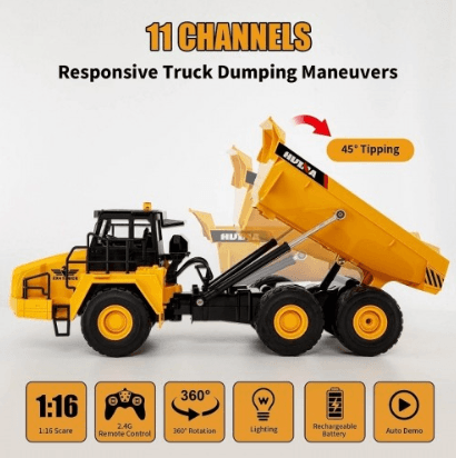 Huina 1553 Rc Excavator Huina 1/16 11CH 2.4G Electric Sound and Light Alloy Metal Dump Car RC Die-cast Truck Remote Control Toys 1