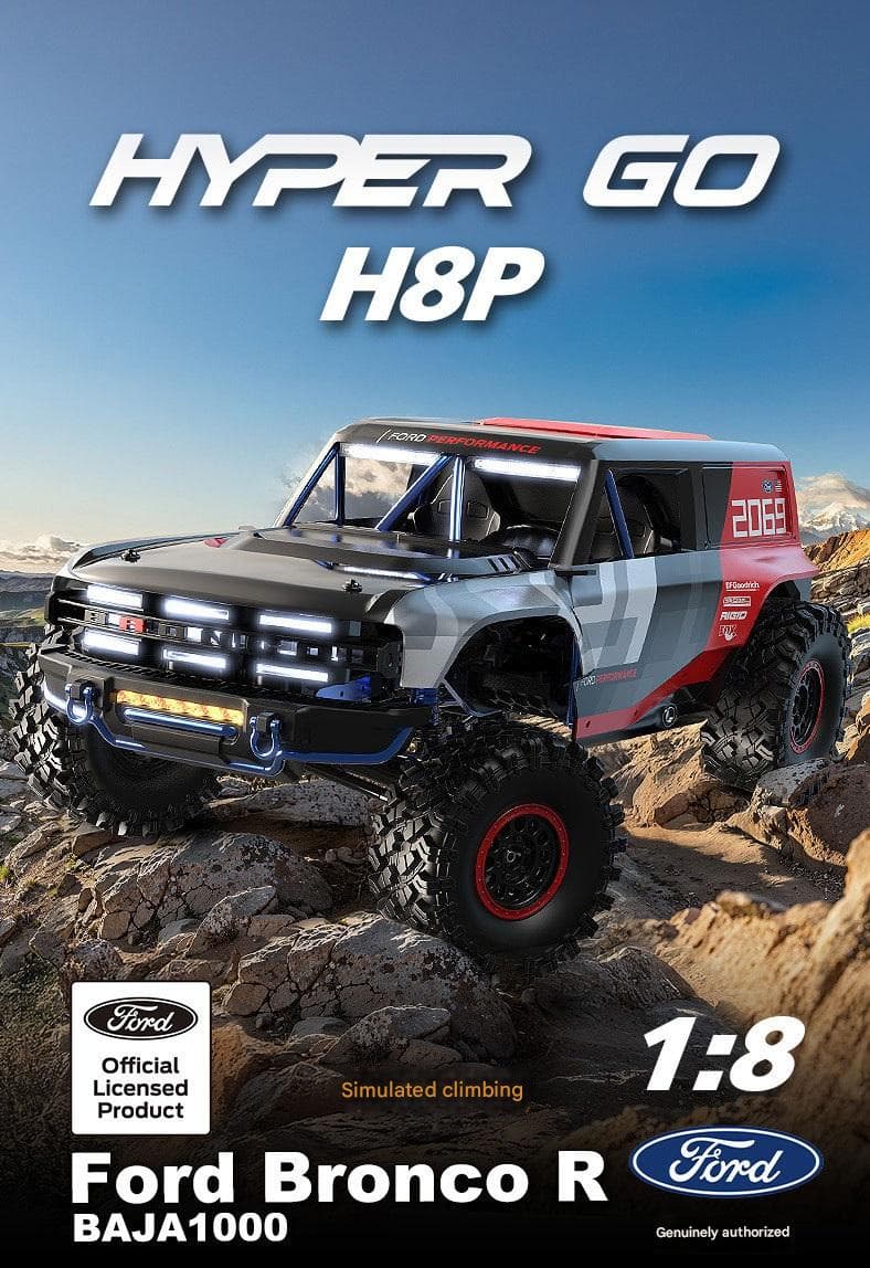 MJX Hyper Go H8P 1/8 Scale Ford Bronco Baja 1000 RC Car – 2-Speed, Sensored Brushless, Diff Lock, App-Tuned Performance 8